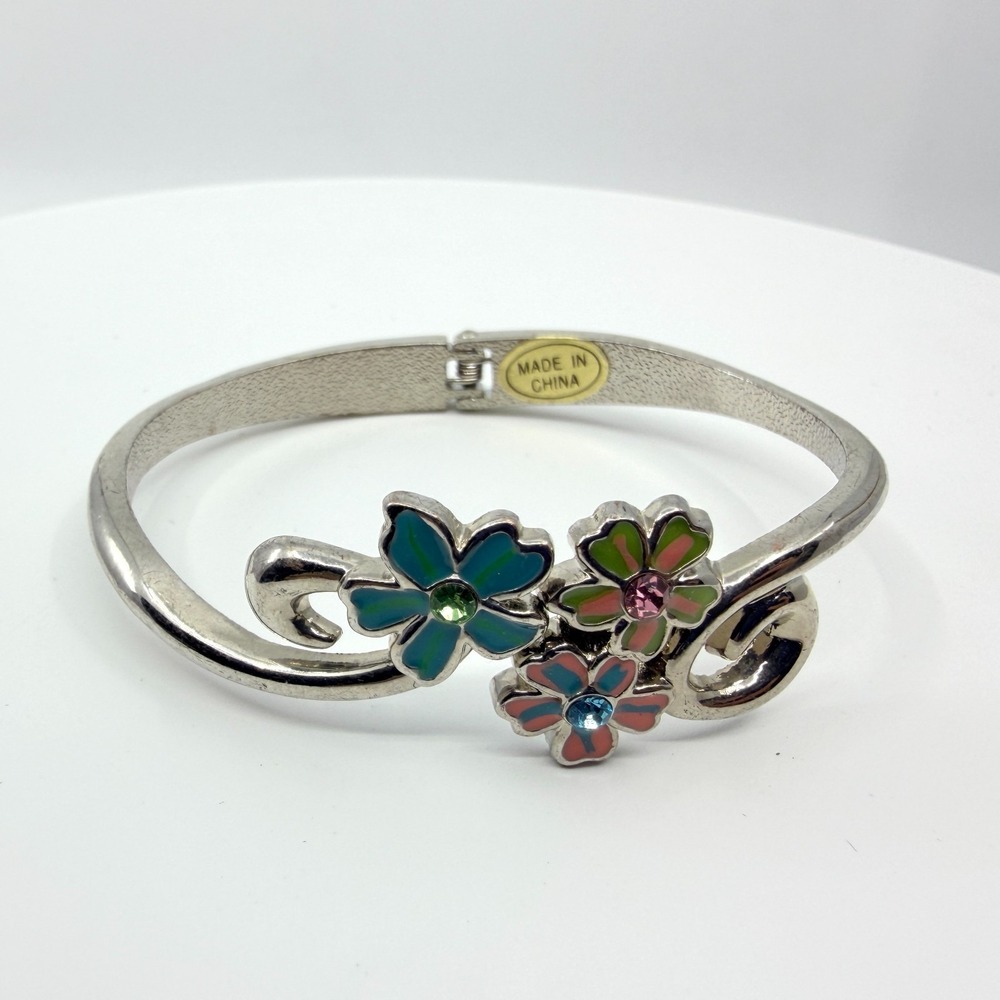Vintage Y2K Silver Tone Floral Hinge Bangle Bracelet with Colorful
